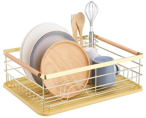 Navaris Escurreplatos de cocina con bandeja - Escurridor de platos dorado con cesto para cubiertos - Cesta para secar tazas vasos ollas - Escurridor fregadero 43 x 32 x 14,5 cm