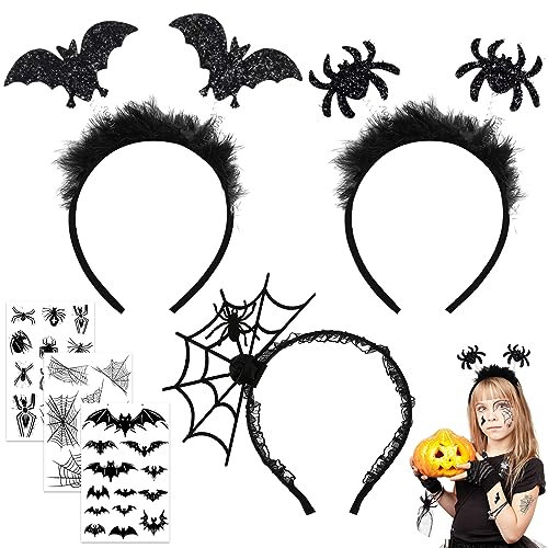 Lets Joy Fledermaus Haarreif, 3PCS Fasching Haarreif, 3PCS Karneval Temporäre Tattoos, Spinne Haarreif, Spinnweben Stirnband, Spinne Spinnweben Fledermaus Horror Spinne Tattoos (A)