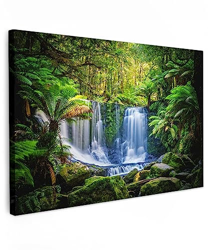 MuchoWow© Bild auf Leinwand Groß 120x80 cm XXL Schlafzimmer Bilder Wand Deko Wohnzimmer Modern Wanddeko Bilderwand Geschenk Dschungel - Wasserfall - Australien - Pflanzen - Natur - Grün