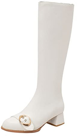 BILIKEYU Modische Damenschuhe im britischen Stil, seitlicher Reißverschluss, dekorativer Knopf, kniehohe Stiefel Jack Mit Lammfell (White, 40)