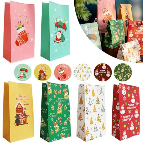 Labbe Geschenktüten Weihnachten, 12 Stück Papiertüten Weihnachten mit Stickern, Bunte Geschenkbeutel Klein Papier Tüten …