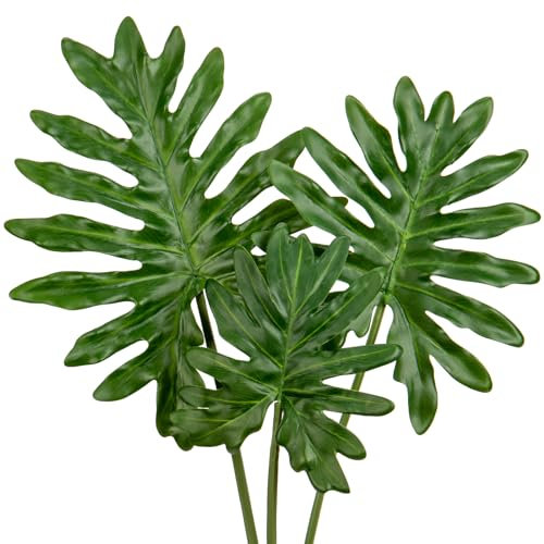 Oairse 3pcs Large Artificial Monstera Leaves with Long Stem for Vase Fake Tropical Plants Plastic Split Palm Leaves Realistic Philodendron Leaves for Home Wedding Party Decor, Mixed Sizes