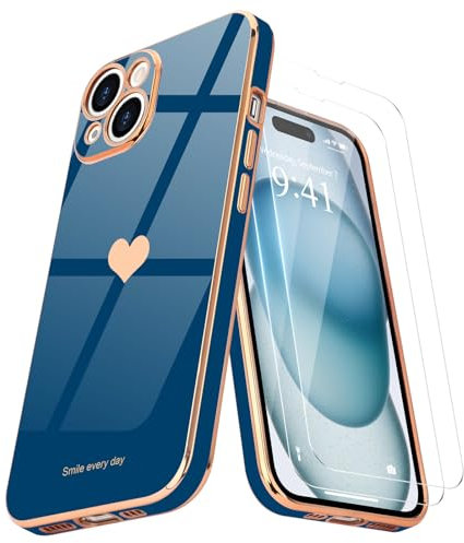Teageo for iPhone 15 Plus Case with 2 Screen Protector Heart Pattern for Women Girls Luxury Bling Plating Soft TPU Anti-Scratch Shockproof Bumper Phone Case for iPhone 15 Plus, Royal Blue