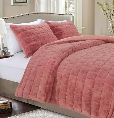 Elegant Comfort Faux Fur Ultra Soft, Plush and Fuzzy 3PC Bedding Set with Matching Shams, Micro-Mink Velvet Microsuede Flannel, Dusty Rose, Twin XL