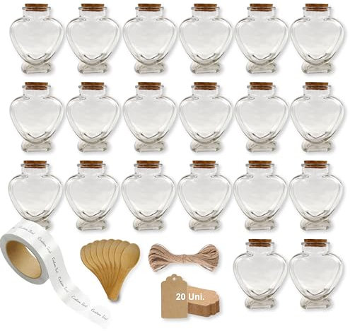 20 Fioles Magiques Cœur 150ml avec Bouchon en Liège + 20 Étiquettes Autocollants + 20 Cuillères + 20 Étiquettes Kraft + Ficelle | Décoration, Cadeaux et Souvenirs de Mariage | Fiole de Potions