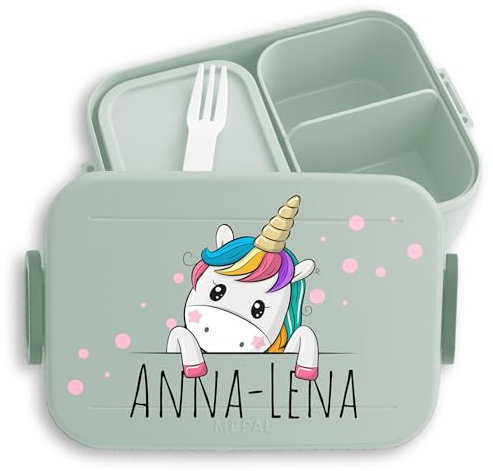Kinder Bento Box Midi für Mepal Bentobox - Einhörner - Brotbox Einhorn süß Lunchbox Unicorn I - 900 ml - Sage Grün - personalisierte brotdose einschulung jausenbox mädchen schule einhörnern