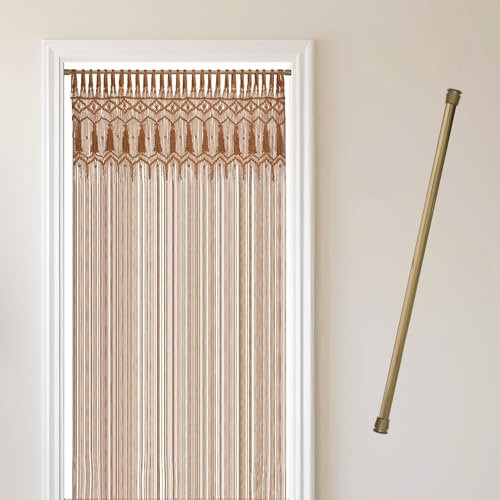 Cozyor Makramee Boho Vorhang + Klemmstange 70-120 cm ohne Bohren Türvorhang Fenstervorhang 132x200cm Raumteiler, Wandbehang & Deko braun Gold, Hochzeit, handgemacht