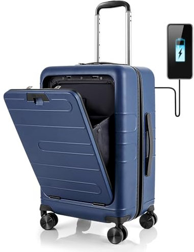 COSTWAY 20 Carry on Suitcase with USB Charging Port, Laptop Compartment, TSA Lock and 4 Spinner Wheels, PC Hardshell Suitcase Cabin Luggage, Lightweight Trolley Luggage Travel Case (Deep Blue)