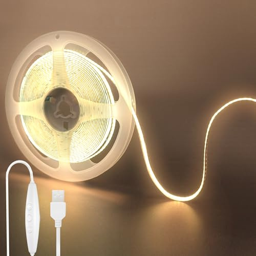 Clearhill 5V USB COB LED-Streifenluchten mit dimmbarem Schalter, 6.56FT / 2M, Warm Weiß 3000K, 320LEDs / M, 8mm Breite, Nicht wasserdicht IP20, 1.5M USB-Schalterkabel, für DIY Home Indoor Dekoration