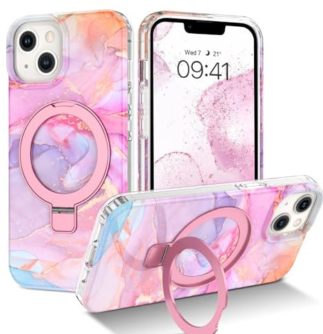 YINLAI for iPhone 13 Case iPhone 14 Case Magnetic Holder Marble Pattern Full Body Rugged Drop Shockproof Protection Girly Women Case for iPhone 13/ iPhone 14 6.1, Rose Gold/Pink