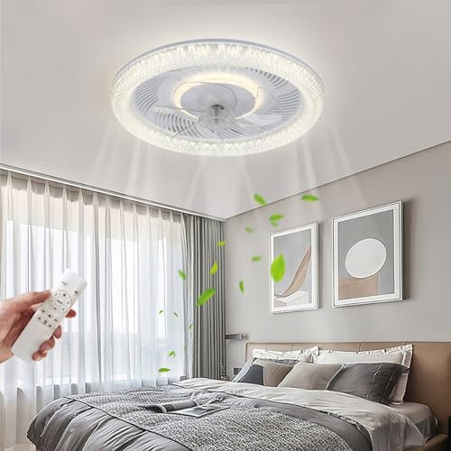 JDONG LED Deckenventilator mit Beleuchtung und fernbedienung, 3 Farbtemperatur(3000K-6500K und 6 Geschwindigkeiten, Weiß Rund Kristall Moderner Ventilator Leise mit Licht für Schlafzimmer Zimmer 50CM
