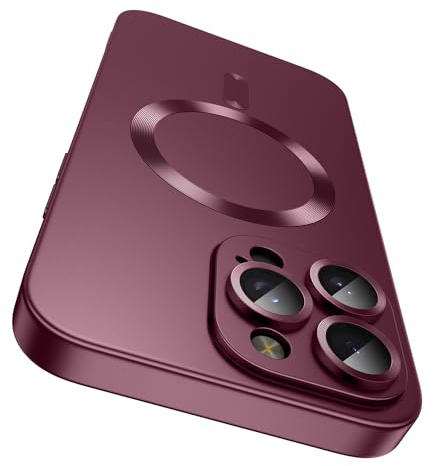 LEKEVO Magnetic for iPhone 15 Pro Max Case [Compatible with MagSafe][Built-in Camera Lens Protector] Slim Soft Silicone Bumper Shockproof Metallic Phone Case (Burgundy)