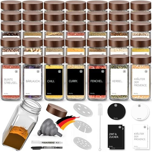 Miorkly Gewürzgläser Eckig Set 35er,Gewürzstreuer Glas mit Holzdeckel 120ml,Küchenzubehör zur Gewürze Aufbewahrung,Gewürzdosen,Gewürzbehälter mit Gewürzetiketten,Trichter-Spice Jars