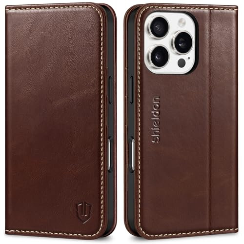 SHIELDON Flip Case for iPhone 16 Pro, Genuine Leather Folio Wallet with [RFID Blocking][Card Holder][Kickstand] Magnetic Shock Absorbing Case Cover Compatible with iPhone 16 Pro 6.3 - Retro Coffee
