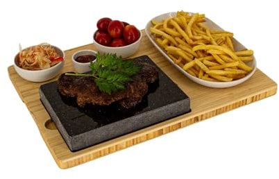 CAWI Lavastein Steakbrett 2 Sets, Servierplatte, Bambusbrett mit Hot Stone Grill, Steak Grillplatte, Steinplatte, Tischgrill Grill Set