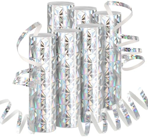 DPKOW 6 Rollen Silber Metallic Luftschlangen Silvester Deko, Laser Glitzer Luftschlangen Geburtstag Hochzeiten Jubiläen Silber Partydekorationen, Silvester Tisch Deko, mit je 18 Holografisch