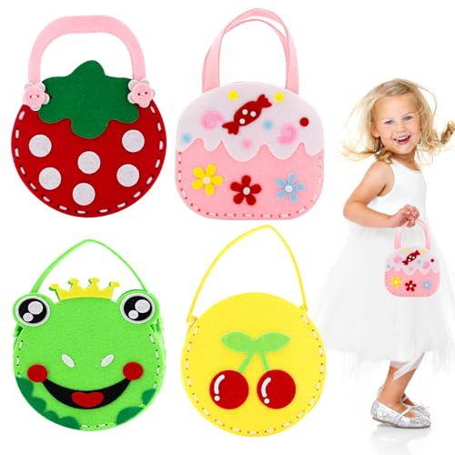 AffeGifts Filz Nähset Kinder, 4-Pack Handtasche Kinder Nähset Nähen Diy Pädagogische Nähsets Diy Bastelset Süße Filztasche Mein Erstes Nähsets Geschenke für Mädchen