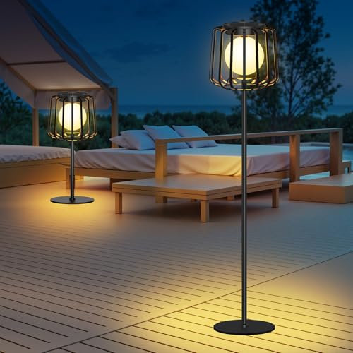 RECHOO Solarlampe für Außen Garten, 2 Stück LED Stehlampe Outdoor Akku mit 3 Farben, Mond Stehleuchte, Metall Solar Stehlampe IP65 Wasserdicht für Garten Terrasse Balkon Innenbereich Außenbereich Deko