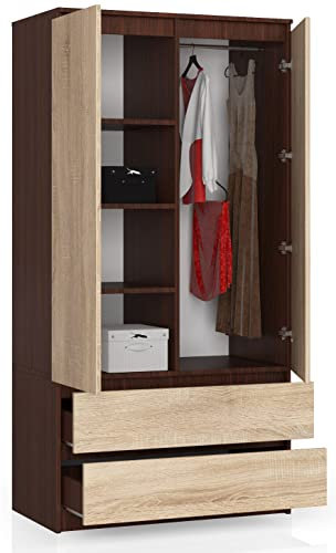 BDW Kleiderschränk 2 Türen, 4 Einlegeböden, Kleiderständer, 2 Schubladen, Mehrzweckschrank, Schubladenschrank, Garderobenschrank für Schlafzimmer, Wohnräume, 180x90x51cm, Wenge/Eiche Sonoma