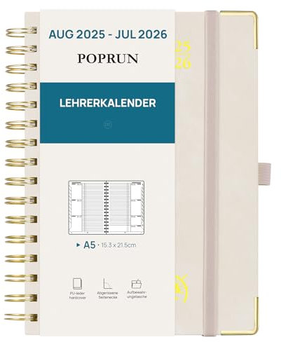 POPRUN Lehrerkalender 2025 2026 Ringbuch DIN A5 - Lehrerplaner 25/26 für die Unterricht mit Monatliches Register. Schulplaner mit PU-Leder Hardcover für Lehrerinnen und Lehrer - Beige