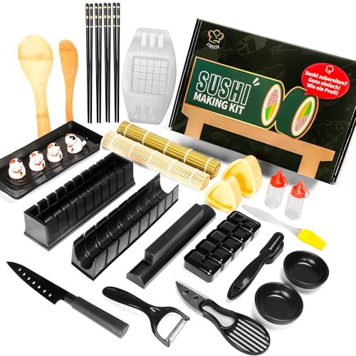AIMEETO Sushi Set für Anfänger – 27-teiliges Starter-Kit mit Bambusmatten, Nigiri-/Onigiri-Form, Messer, Reismatte, Stäbchen & Zubehör – Selbermachen Zuhause