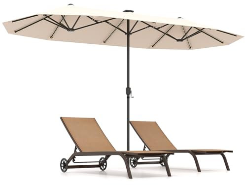 COSTWAY 3.8m Double-Sided Parasol, 12 Heavy-Duty Ribs Extra Large Sun Umbrella with 108 LED Solar Lights and Crank Handle, Outdoor Twin Market Sunshade Shelter Canopy for Garden Patio Beach (Beige)