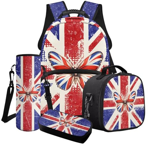 Cxdvotvy Union Jack Flag Print Backpack Set 4 Pcs, Butterfly Print School Bag Set with Lunch Bag Pencil Case Bottle Carrier Daypack for Student