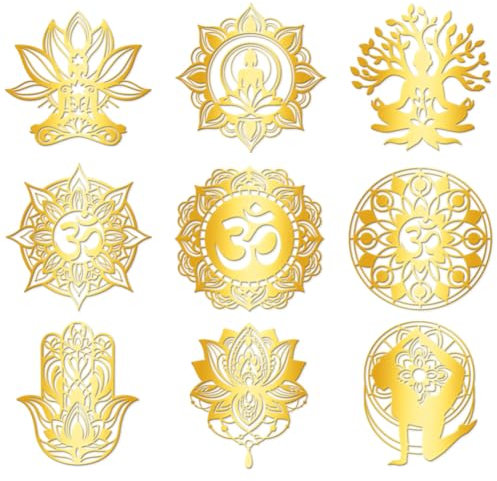 Hobbspring 9 Stück Goldene Selbstklebende Aufkleber 4x4cm Heilige Geometrie Metall Aufkleber Yoga Lotus Mandala Wasserfest Dekorationsaufkleber Für Sammelalben DIY Basteln Wasserflaschen Dekor