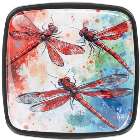 Paquete de 4 pomos cuadrados de cristal de 1.2 pulgadas, tiradores cuadrados de cristal con tornillos para cocina, baño, guardería, habitación de los niños (libélula roja con pintura de acuarela roja