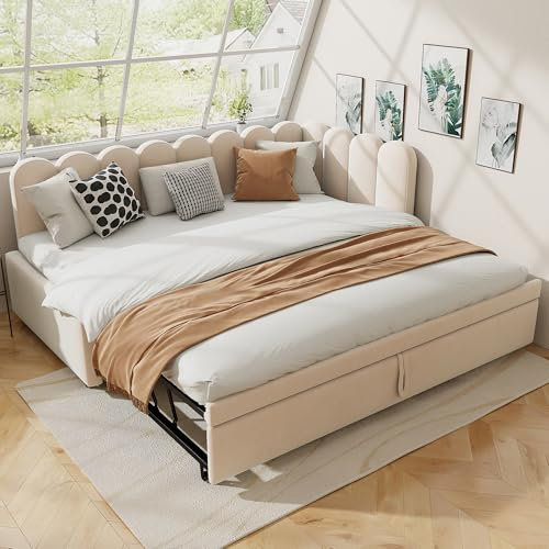 EINHOM Polsterbett Schlafsofa 90/180x200 cm, Tagesbett mit Hebbares Ausziehbett, Platzsparendes Design Kann als Kinderbett oder Gästebett Genutzt Werden, Samt, Ohne Matratze (Beige)