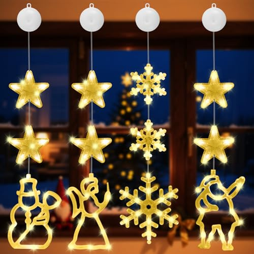LED Weihnachtsbeleuchtung Fenster, 4 Stück Weihnachtsdeko Lichterkette, Lichterkette Weihnachten mit Saugnapf, Fensterlicht Hängend mit Timer für Innen Außen Balkon Fensterdeko (Stil 2)