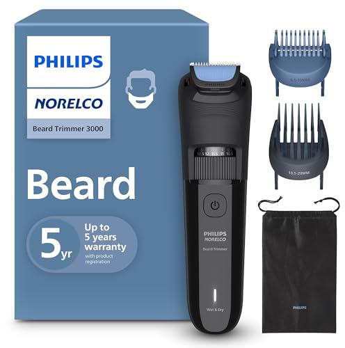 Norelco Philips 100% Waterproof Beard Trimmer 3000 Series with Self-Sharpening Blades, 40 Adjustable Beard Trimmer Length Settings & Two Lift&Trim Combs, USB Charging, BT3620/40