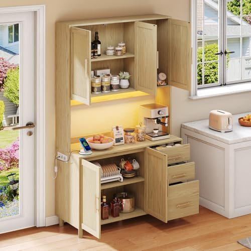 Küchenschrank 100cm, Buffetschrank mit 3 Schubladen und 5 Türen, Küchenbuffet mit Verstellbare Einlegeböden, Sideboard mit USB-Anschluss, für Küche, Wohnzimmer, Esszimmer, 100x40x183cm, Natur