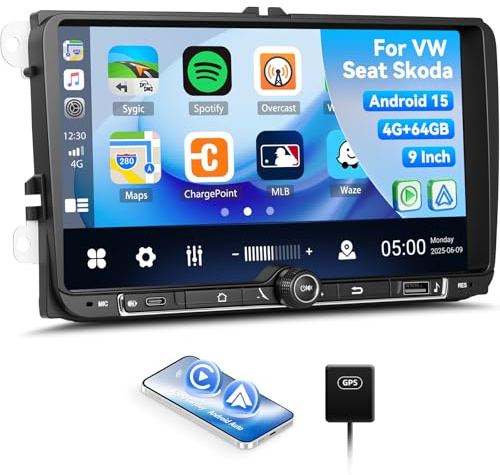 SIXWIN 4+64G Android 13 Radio Coche para VW Golf 5 Golf 6 Skoda Polo Passat Tiguan Touran con CarPlay&Android Auto,9 Pulgadas Pantalla Táctil con Bluetooth/WiFi/GPS/FM/RDS/USB 32EQ