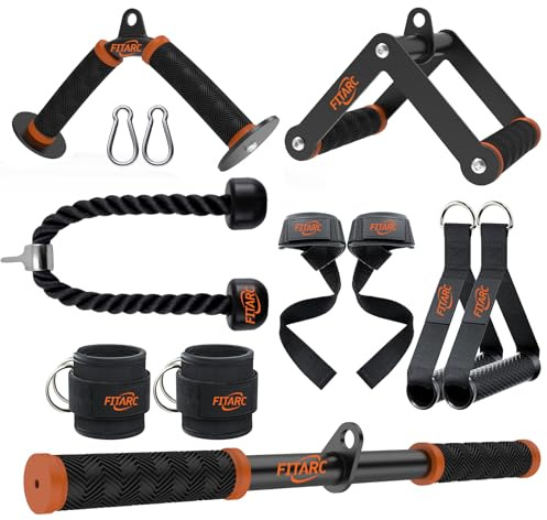 Fitarc Cable Machine Attachment Set for Home Gym, LAT Pulldown & Tricep Pushdown Attachments with D Handle, V Bar, Tricep Rope, Straight Bar, Stirrup Handles, Ankle Strap & Lifting Straps