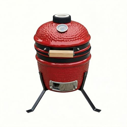 Alivio Kamado 13 Ceramic Mini BBQ Grill Smoker Egg Charcoal Cooking Oven, Portable Oven and Smoker with Stand (Red)