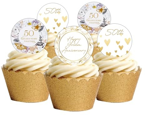 15 Pre-Cut 50th Golden Wedding Anniversary Celebration Edible Wafer Paper Cake Cupcake Toppers Decorations - 5cm circles
