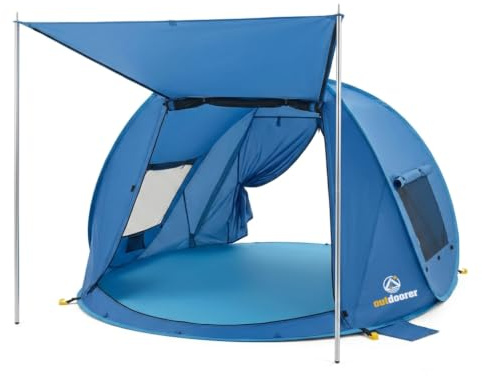 outdoorer Beach Air Max - UV 80 Pop up Strandmuschel Innovation 2026, kompakt, mit Vordach, einfacher Aufbau, für Koffer, mit Haken, groß, verschließbar, windstabil, Moskito Schutz.
