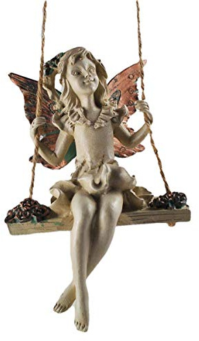 Prezents.com Waldfee-Skulptur mit kupferfarbenen Flügeln auf hängender Seilschaukel mit Blumen, Art Deco, Garten-Deko, Geschenk H: 19 cm, Weiß