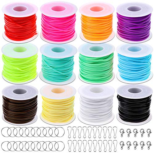 Lanyard String, Cridoz Gimp String Kit with 12 Rolls Plastic Lacing Cord, 20 Pcs Snap Clip Hooks, 20Pcs Key Chain Ring Clips, 10 Pcs Lobster Clasps for Crafts, Bracelet and Lanyards