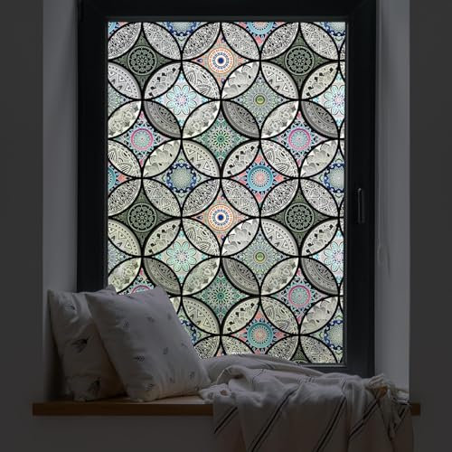 dktie Dekorfolie Glasmalerei Fensterfolie Sichtschuzfolie Milchglasfolie Kreise Statisch Haftend Privatsphäre Fensteraufkleber (Schwarz, 90 x 200 cm)