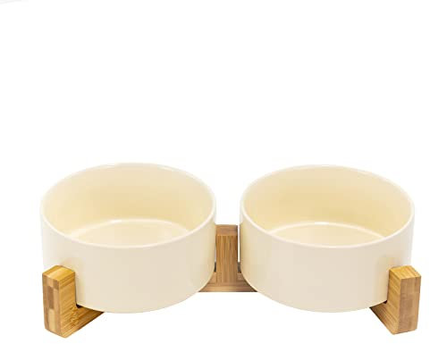 SPUNKYJUNKY Gamelle Double en Céramique avec Support en Bambou pour Chats et Chiens (850ml, Beige)
