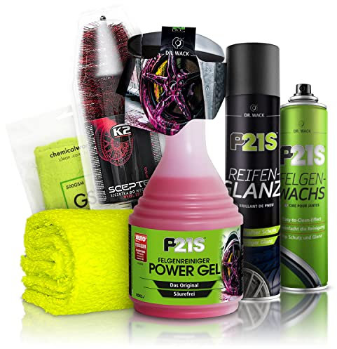 Felgenreiniger Set: Dr. Wack P21S POWER GEL Felgen Reinigung + K2 PRO Felgenbürste + Dr. Wack Felgen-Wachs Versiegelung + Dr. Wack Reifen-Glanz + chemicalworkz Premium Mikrofasertuch 500GSM | 5-teilig