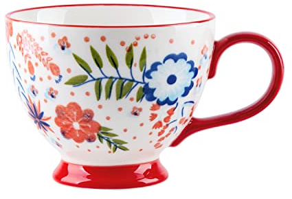 Berry President Handbemalte Keramiktassen mit Blumenmuster, 15 OZ, große Tassen für Milch, Kaffee, Cappuccino, Tee, Kakao, Frühstücks-Haferflockentassen (Rote Blume)
