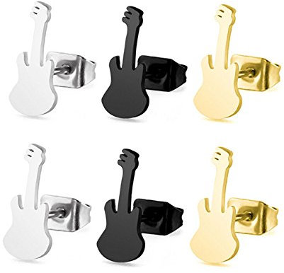 6Stck Set Ohrringe für Herren Damen Edelstahl Gitarren Ohrstecker für Männer Frauen 5.5mm Ohrstecker Silber Schwarz Gold