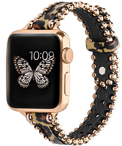 wutwuk Compatibile Cinturino Apple Watch 42mm/44mm/45mm/49mm Cinturino di Ricambio in Pelle da Donna per iWatch Series Ultra 8 7 6 5 4 3 2 1 SE(2) - Leopardato+Fibbia Oro Rosa 42mm/44m/45mm/49mm