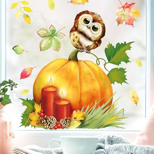 Wandtattoo Loft Fensterbild Herbst Mit Eule und Kürbis Motiv, A3 Bogen, Herbstdeko Kinderzimmer, Herbstbilder, Fensterbild Kinder, Herbstblätter, Fensterfolie Halloween