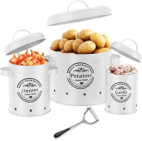 rokrist Küchen Organizer Kartoffel-, Zwiebel- und Knoblauch-Aufbewahrungsboxen (3er Set) - Hält Gemüse länger frisch mit 360° Luftzirkulation (Weiß)