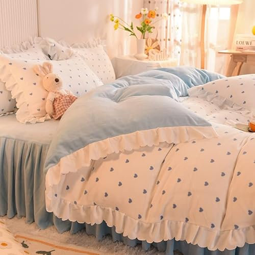 MAHPKYZ bettlaken 140x200 Baumwolle,Winterverdickung Kristall-Samt-Bettbezug-Set Trösterabdeckung Bettrock Kissenbezug 4-teilige Bettwäsche-Sets Königin König,Geschenke für Frauen