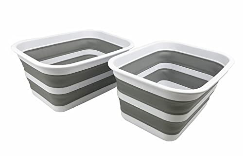 SAMMART Bañera plegable de 12 L (3.17 galones) – Cesta de picnic portátil al aire libre – Lavabo portátil que ahorra espacio para platos, camping y hogar (blanco/gris (juego de 2))